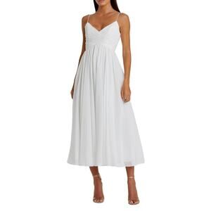 Ieena For Mac Duggal White Chiffon V Neck Sleeveless Flowy Midi Dress Size Small